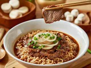 a white bowl of asian noodles topped with beef and onion in brown sauce, with some green spring onions on top, is placed on the wooden table. A pair of chopsticks holding up one slice of meat 