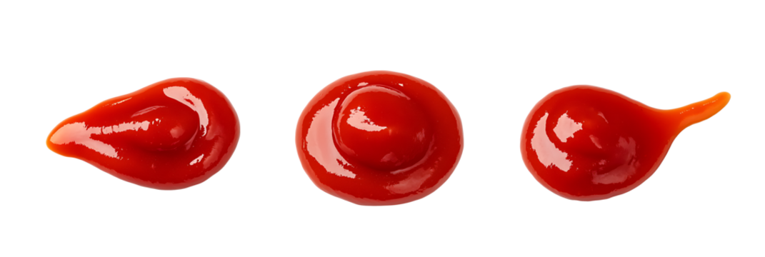 three drops of tomato sauce on white & transparent a background.