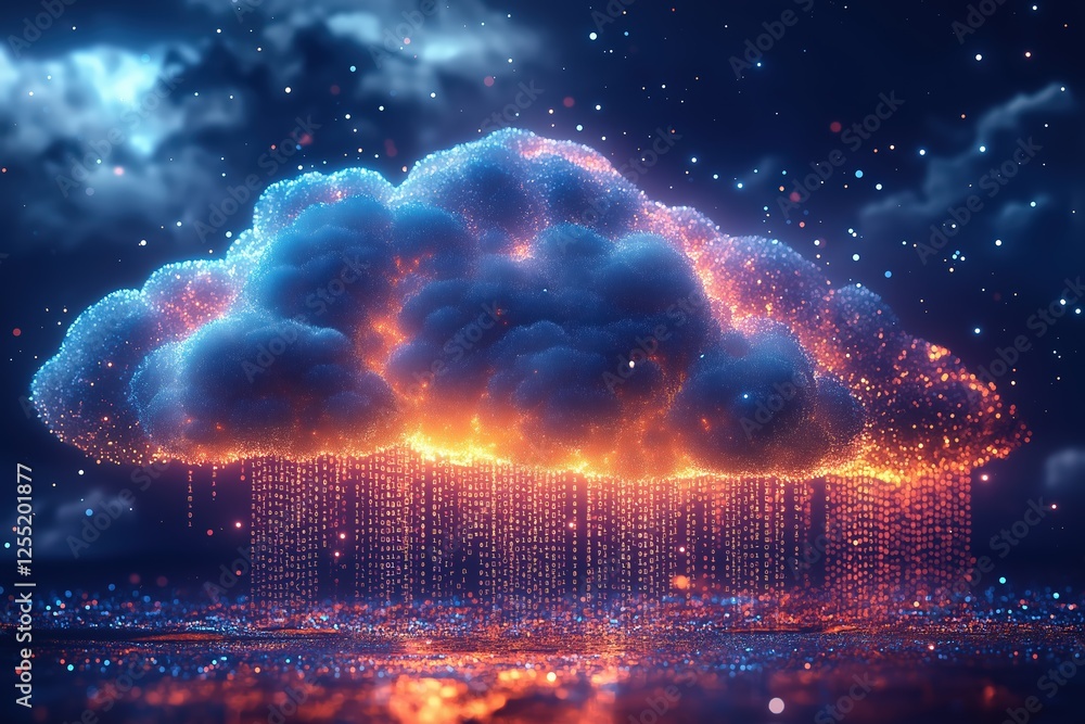 Poster cloud computing data raining from glowing cloud at night