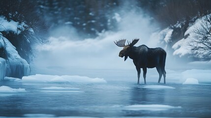 Obraz premium A moose standing strong in a freezing river as ice flows drift past.