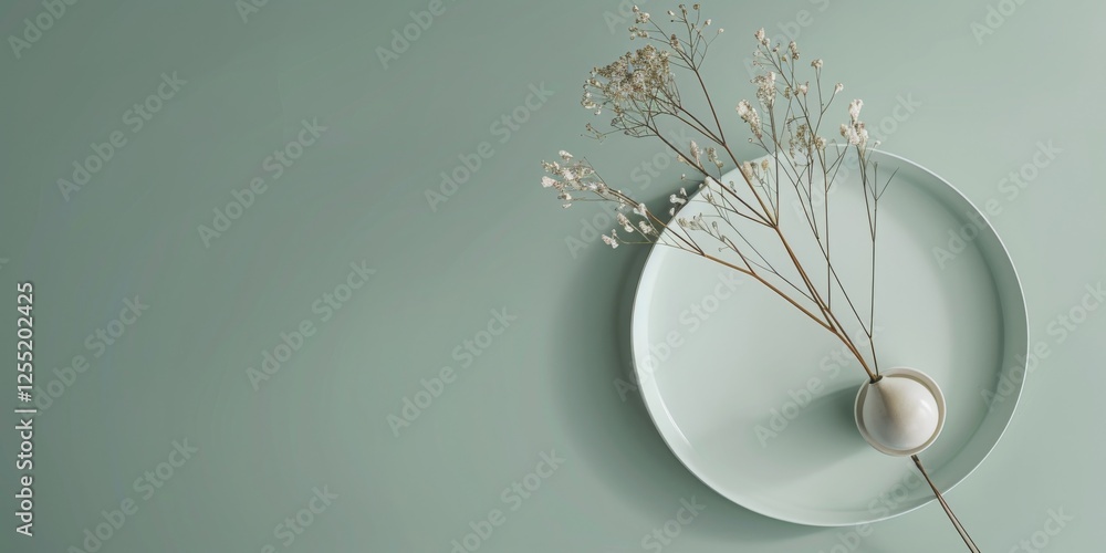 Poster a minimalist aesthetic featuring a soft sage green backdrop, minimalist design elements arranged asy