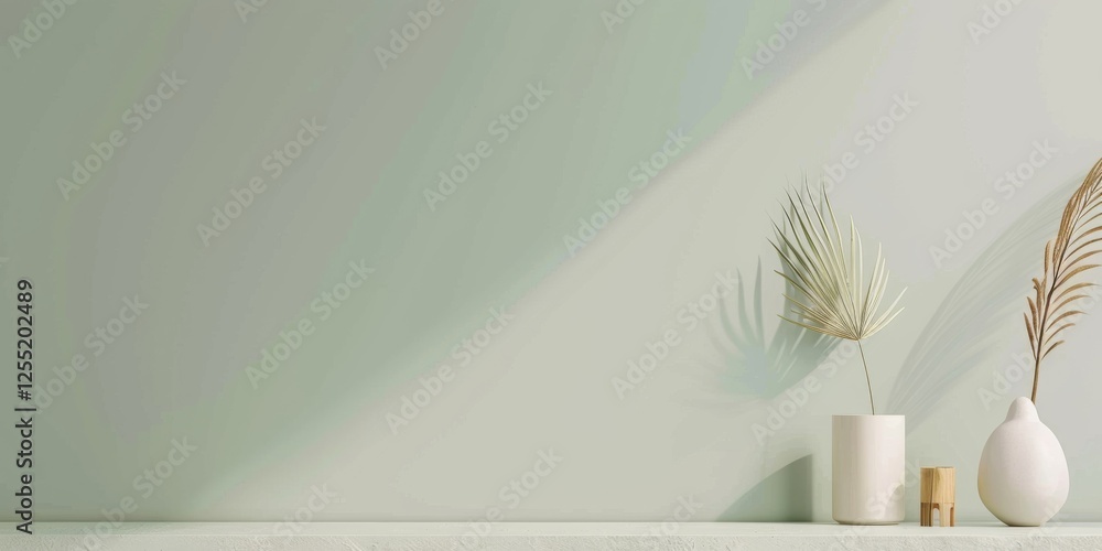 Poster a minimalist aesthetic featuring a soft sage green backdrop, minimalist design elements arranged asy