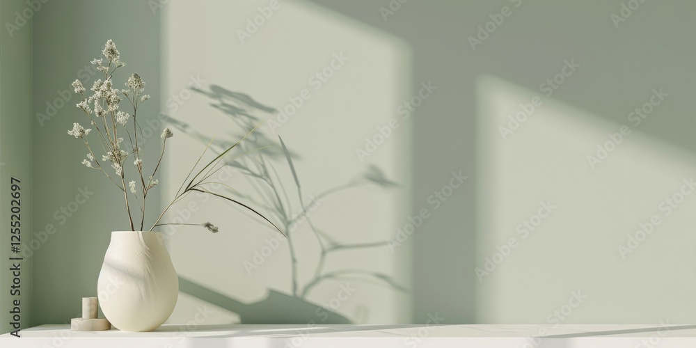 Poster a minimalist aesthetic featuring a soft sage green backdrop, minimalist design elements arranged sym