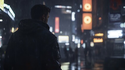 Rainy night city street, man looking ahead, urban scene, possible use for a dark mood stock photo