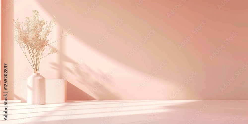 Poster a minimalist aesthetic featuring a soft salmon backdrop, minimalist design elements arranged symmetr