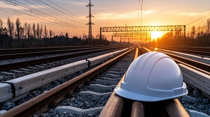 A hard hat is positioned on a railroad track, highlighting safety in engineering during a vibrant sunset