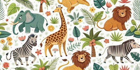 Obraz premium Vintage Anime Zoo Animal Illustrations Pattern - Bold Retro Style Art Print