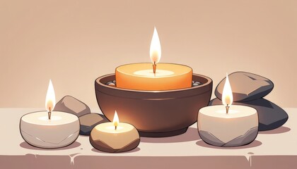 A playful illustration of candles in various shapes and colors surrounded by pebbles, perfect for children's decor, party invitations, or creative projects.
