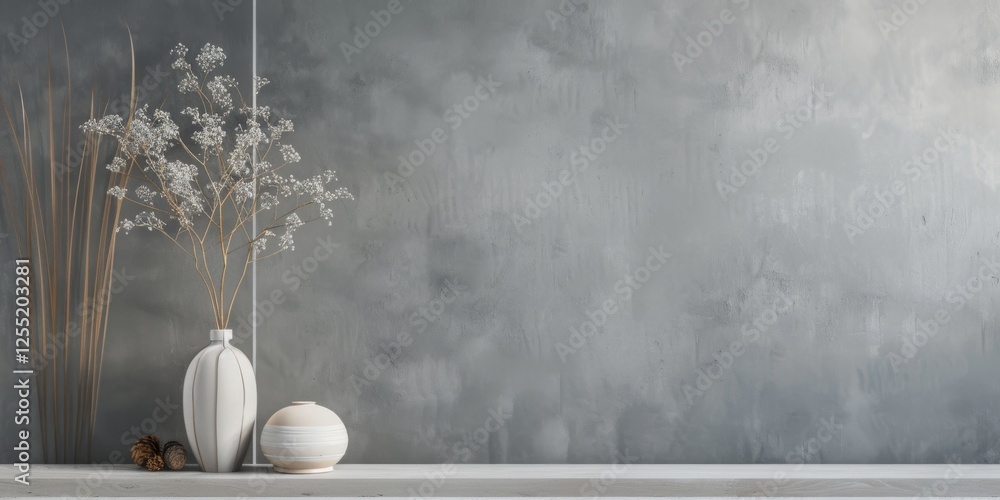 Poster a minimalist aesthetic featuring a soft slate grey backdrop, minimalist design elements arranged sym