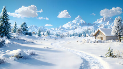 Obraz premium Snow-covered wooden cabin nestled in a sunny alpine mountain valley during a bright winter day.
