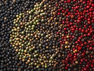 Colorful blend of black, green, and red peppercorns on a dark background