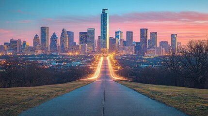 Fototapeta premium Empty road leading to a beautiful city skyline at dawn.