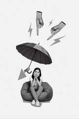 Magazine creative collage of unhappy woman sit bean chair protect from hate speech humiliation parasol © deagreez