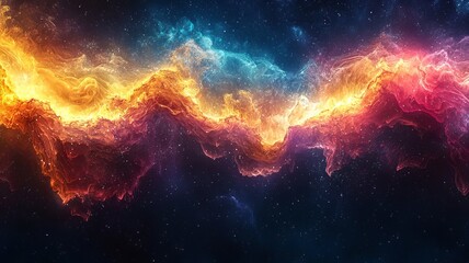 Obraz premium Vibrant cosmic nebula with swirling orange, pink, and blue hues, creating a mesmerizing celestial landscape perfect for space-themed projects.
