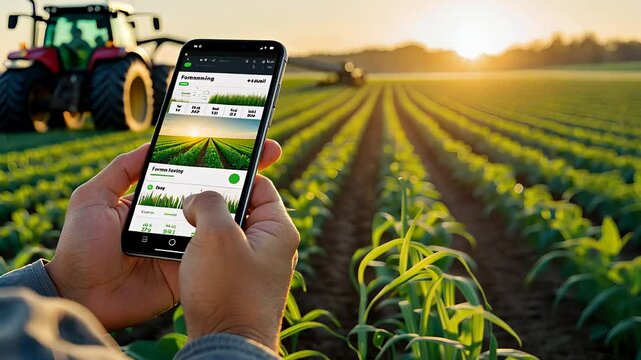 Farmer Using a Smartphone for Smart Agriculture Monitoring in a Field with a Tractor and Rows of Crops at Sunrise

