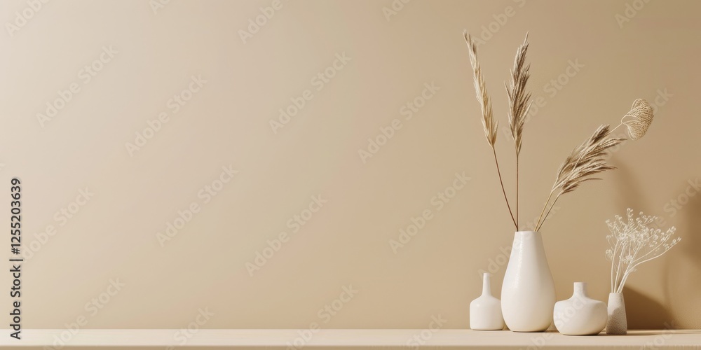 Poster a minimalist aesthetic featuring a soft tan backdrop, minimalist design elements arranged symmetrica