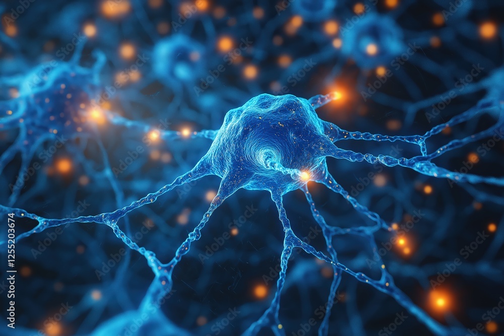 Poster neuron transmitting signals in brain, neural network generating ideas
