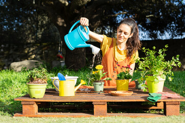 Caucasian woman watering newly planted potted plants with a watering can in the garden on a sunny day © Arianne