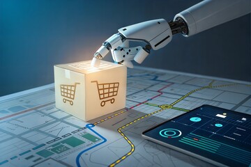 Robot hand picking up delivery carton with shopping cart symbol on digital map background