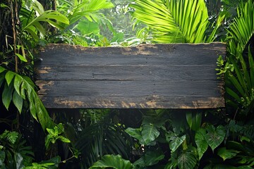 Fototapeta premium Weathered Reclaimed Wood Sign Surrounded by Tropical Greenery