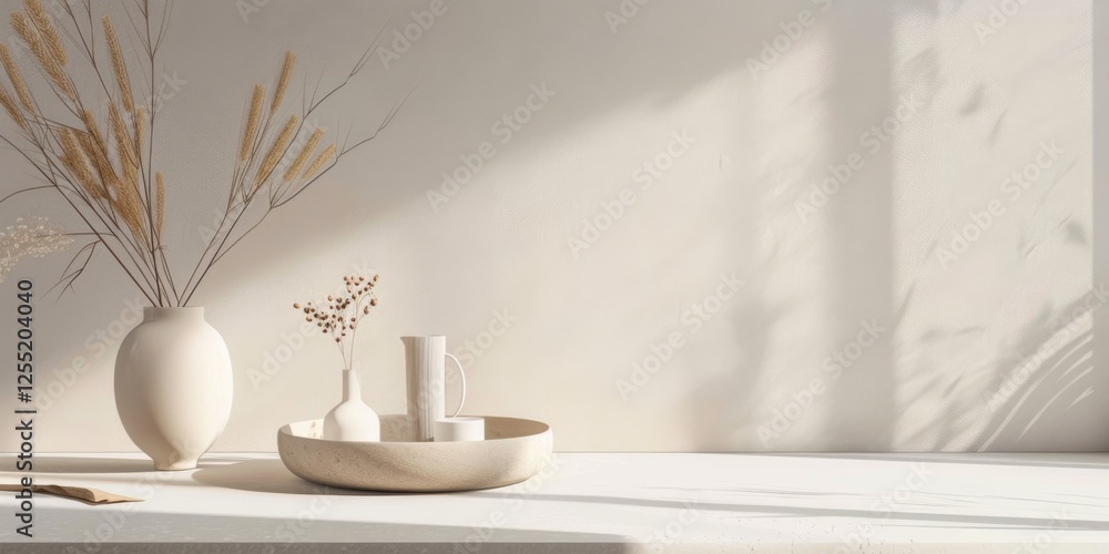 Poster a minimalist aesthetic featuring a soft taupe grey backdrop, minimalist design elements arranged sym