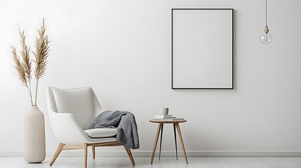 Modern minimalist interior with empty frame, cozy armchair, and side table.  Possible use showcasing art prints, mockup design