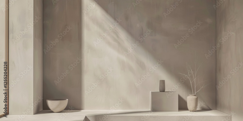 Poster a minimalist aesthetic featuring a soft taupe grey backdrop, minimalist design elements arranged sym