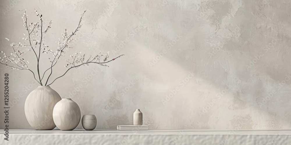 Poster a minimalist aesthetic featuring a soft taupe grey backdrop, minimalist design elements arranged sym