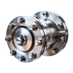 Close-up of stainless steel valve with bolts and rotating features