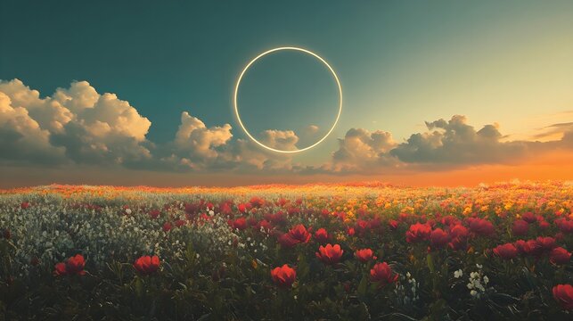 A mysterious floating ring positioned above an endless field of blooming flowers.