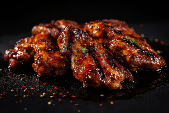 Deliciously grilled jerk chicken pieces with spices on a dark background