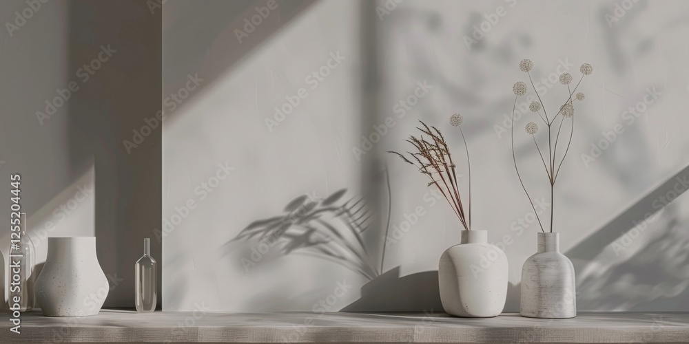 Poster a minimalist aesthetic featuring a soft taupe grey backdrop, symmetrical arrangement of minimalist e