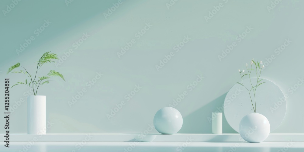 Poster a minimalist aesthetic featuring a soft teal backdrop, minimalist design elements arranged symmetric