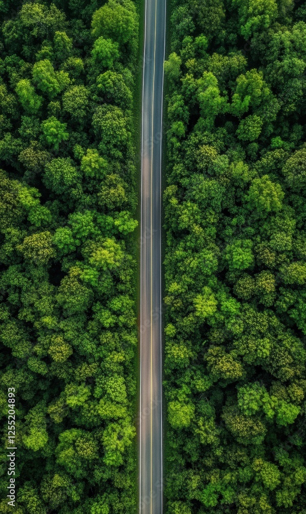 Poster straight road leads through a lush green forest showing vibrant trees and a serene pathway. generati