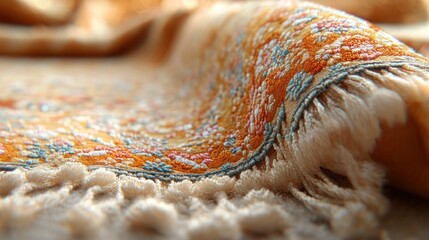 Ornate carpet detail, close-up view of intricate patterns and fringe.