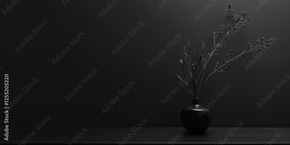 Poster a minimalist aesthetic featuring a stark black backdrop, minimalist design elements arranged asymmet