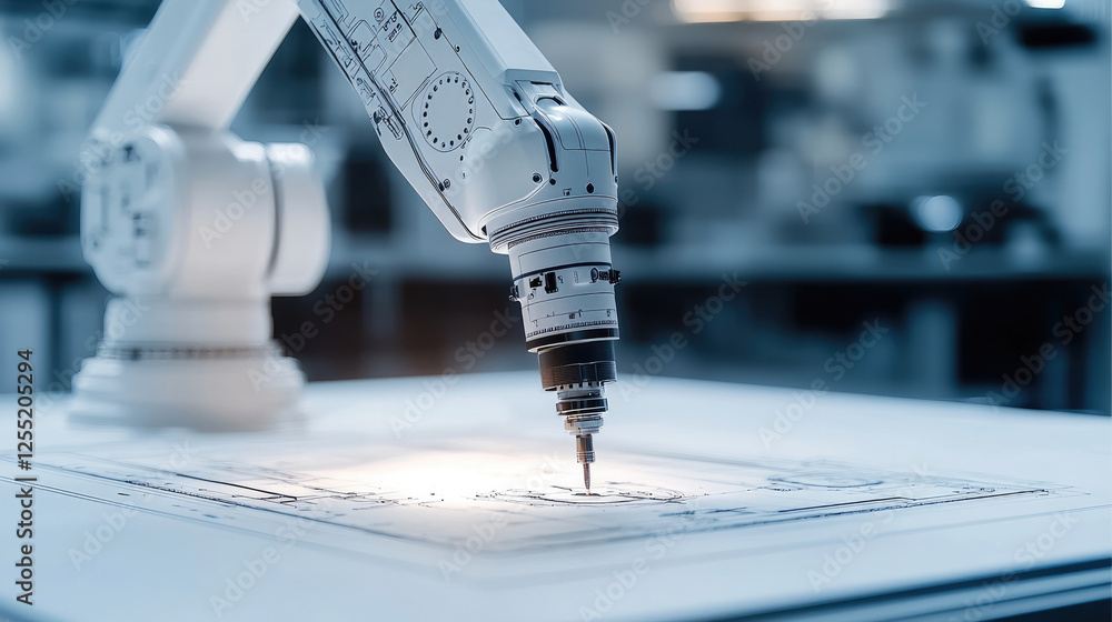 Poster The workspace of a modern engineering firm shows a highly detailed blueprint of an advanced robotic arm component, reflecting a high level of industrial design.