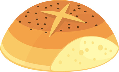 Freshly baked round loaf of bread with poppy seeds and a cross shaped cut on top, partially sliced to reveal the soft, porous interior, representing bakery, nutrition, and culinary traditions