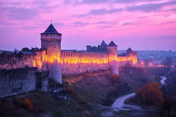 Naklejka premium Sunlit medieval castle on a hill with a scenic view