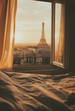 Romantic view of Eiffel tower from hotel window at sunrise. Paris cityscape through curtains and bed sheets. Valentine's Day, honeymoon, travel concept. Vertical video