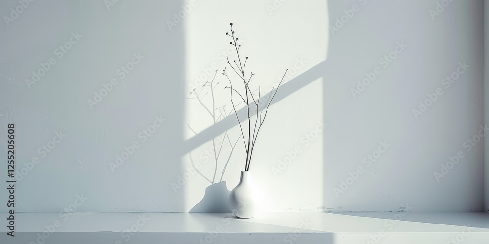 Poster a minimalist aesthetic featuring a stark white backdrop, clean lines and minimalist shapes in a bala