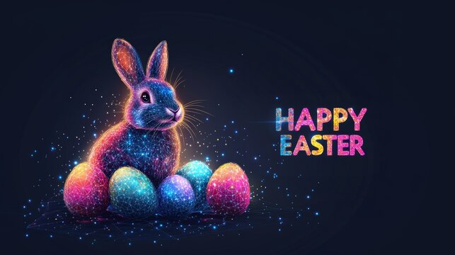 Glowing easter celebration with neon polygon rabbit and colorful eggs