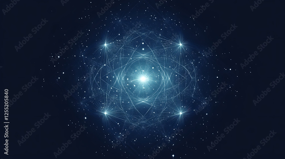 Poster abstract atomic model graphic, glowing, dark background. possible use for science, education, techno