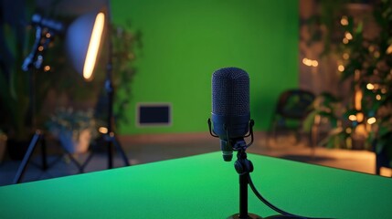 Studio Microphone on Green Screen Background for Podcast or Video Production