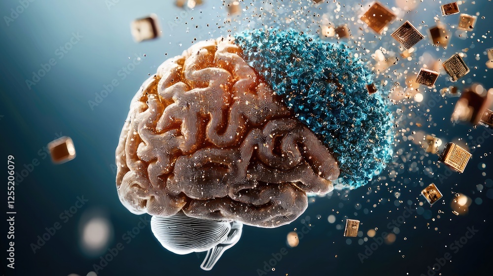 Poster symbolizing the intersection between mind and machine, a dynamic composition showing a human brain e