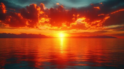 fiery orange smoke or cloud over the sea at sunset otherwordly cloudscape