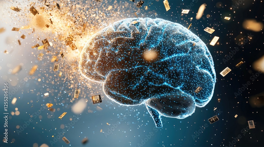 Poster Symbolizing the intersection between mind and machine, a dynamic composition showing a human brain enhanced by artificial intelligence microchips.