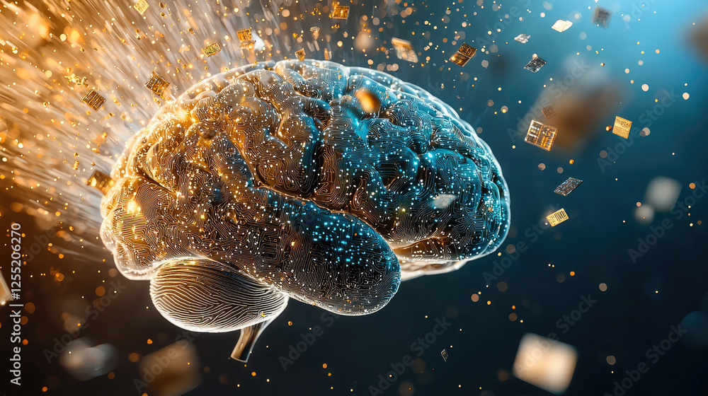 Fototapete Symbolizing the intersection between mind and machine, a dynamic composition showing a human brain enhanced by artificial intelligence microchips.