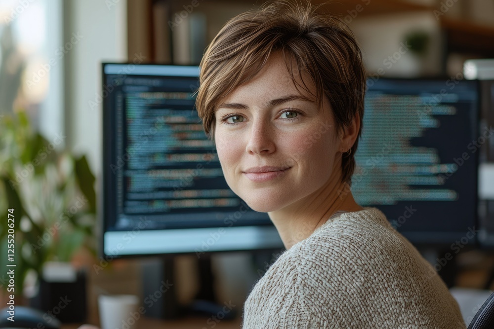 Aufkleber a smiling female software developer looks at the camera with code on her monitor in the background.