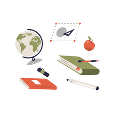 Educational Supplies Including Books, Globe, Apple, and Mathematical Tools in Flat Vector Illustration Symbolizing Learning, Knowledge, and Academic Resources, Isolated on White Background